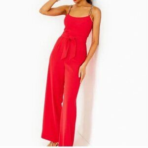 Lilly Pulitzer Red Jumpsuit Gold Chain Straps Waist Tie Size 12